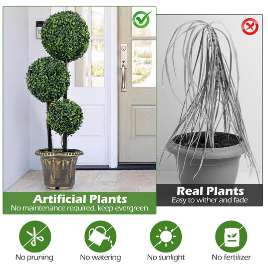 Goplus 3 FT Artificial Boxwood Topiary Tree Sun-Protective Triple Ball Fake Plants Shrubs (1/2 Pack)