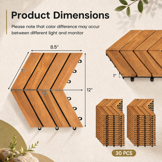 Goplus 30-Pack Acacia Wood Interlocking Deck Tiles (Chevron) | Floor Tiles for Patio, 30 sq. ft