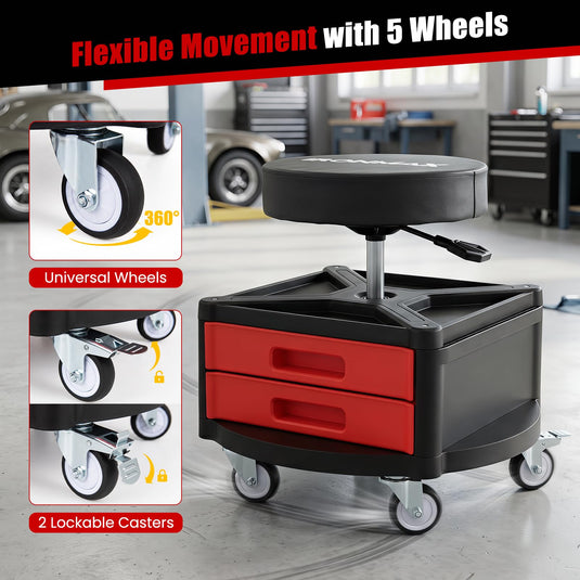 Goplus Rolling Mechanic Stool with Cushioned Seat with 3 Drawers and Tool Tray