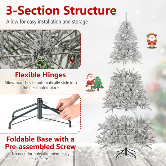 Goplus Pre-Lit Snow Flocked Christmas Tree with Warm White LED Lights & Globe Lights