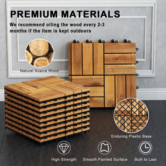 Goplus Checkered Acacia Wood Deck Tiles 12" x 12" Interlocking Floor Tiles for Patio