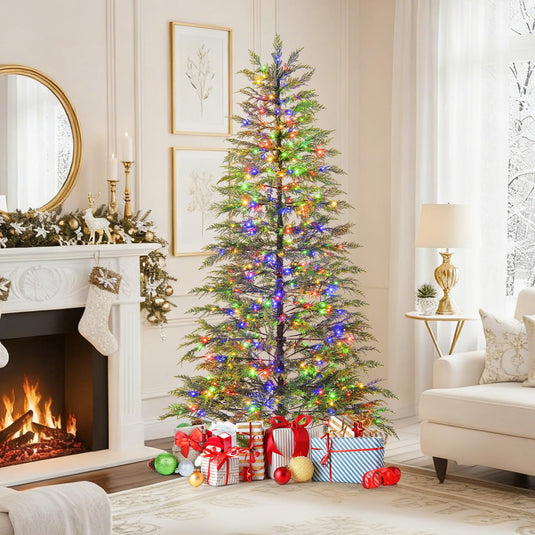 Goplus 6.5FT / 7.5FT Pre-Lit Hinged Sparse Xmas Fir Tree with Multicolored LED Lights
