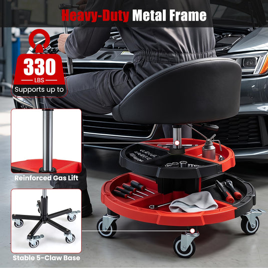 Goplus 360° Rolling Mechanic Stool with 2 Tool Storage Trays