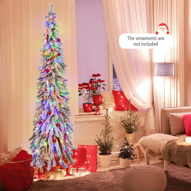 Load image into Gallery viewer, Goplus 6ft Pre-Lit Flocked Christmas Tree, Artificial Slim Pencil Xmas Tree with 250 LED Lights
