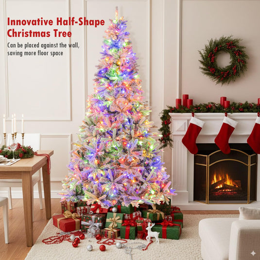 Goplus 7 FT Half Snow Flocked Christmas Tree with 240 Warm White & Multicolored LED Lights