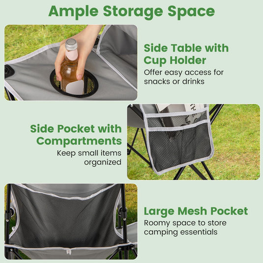 Goplus Oversized Camping Chair with Side Table, Folding Heavy-Duty Picnic Chair w/ 2 Storage Pockets