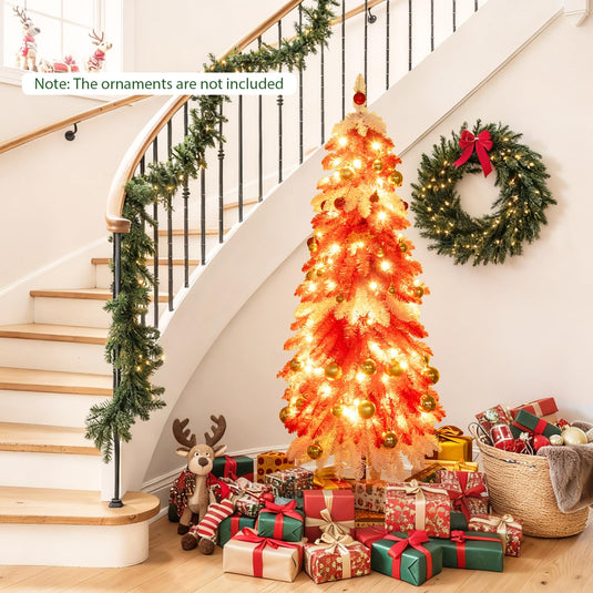 5 FT Artificial Christmas Tree Pre-lit Xmas Trees with 301 Red and White Branch Tips