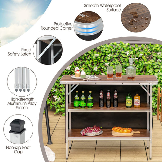 Goplus Folding Camping Table, Aluminum Portable Pop-Up Bar Table with 2-Tier Storage Shelves