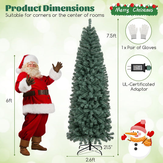 Goplus 7.5ft Pre-Lit Blue Slim Pencil Christmas Tree with 250 Warm White & Multicolored LED Lights, 9 Modes, 724 Branch Tips