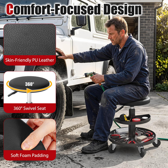 Goplus Swivel Rolling Mechanic Stool w/2-Tie Tool Trays | 360° Garage Shop Chair