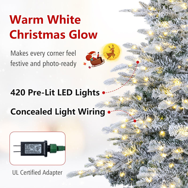 Load image into Gallery viewer, Goplus 6ft/7ft Pre-Lit Snow Flocked Christmas Tree with Warm White LED Lights &amp; Folding Metal Stand

