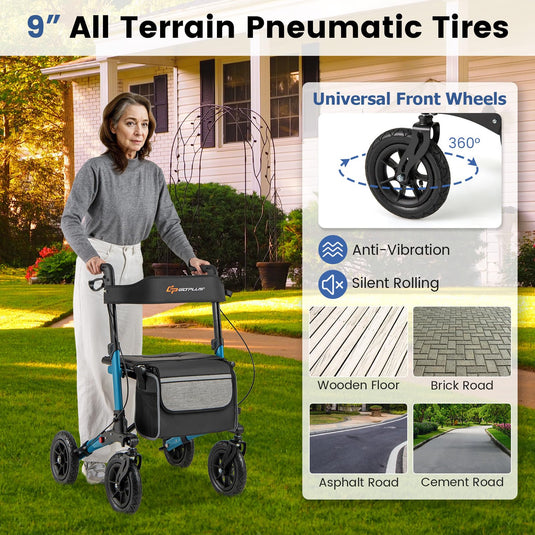 Goplus Walkers for Seniors with Seat 2 in 1 Folding Rolling Rollator Walker with 9" Pneumatic Tires for All Terrain