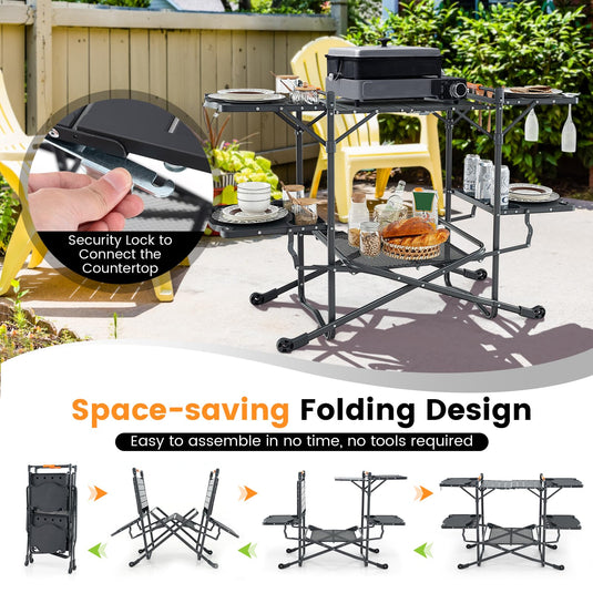 Goplus Camping Cooking Table, Outdoor Grill Table, Folding Camp Kitchen with Aluminum Tabletop