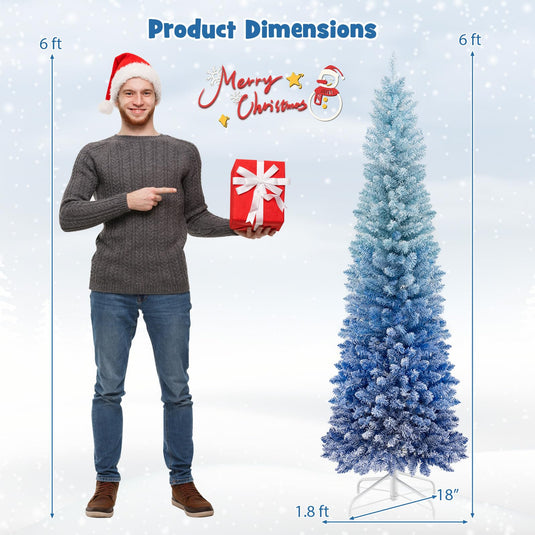 Goplus 6 FT Blue Gradient Snow Flocked Christmas Tree, Artificial Unlit Hinged Xmas Full Tree with 435 Lush Branch Tips
