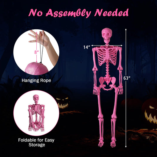 Goplus 5.5 FT Halloween Pink Skeleton Life-Size Poseable Skeleton with Movable Joints