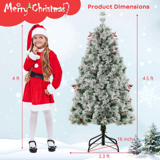 Goplus 4.5ft Pre-Lit Artificial Christmas Tree, Snow-Flocked Hinged Xmas Tree with 251 Pine Needles