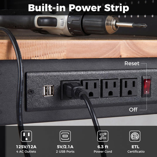 Goplus 48" Heavy Duty Workbench with AC/USB Outlets and Pegboard