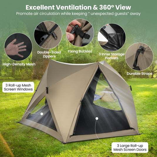 Goplus Pop-up Camping Tent for 4/5/6 Person, 6-Sided Family Tent w/Rainfly, Skylight, 3 Doors