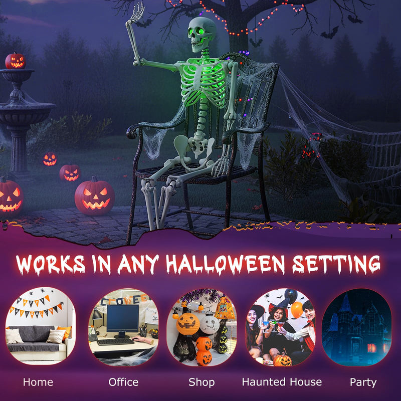 Load image into Gallery viewer, Goplus 63&quot; Life-Size Posable Skeleton with Green LED Lights Halloween Lighted Skeleton Decoration
