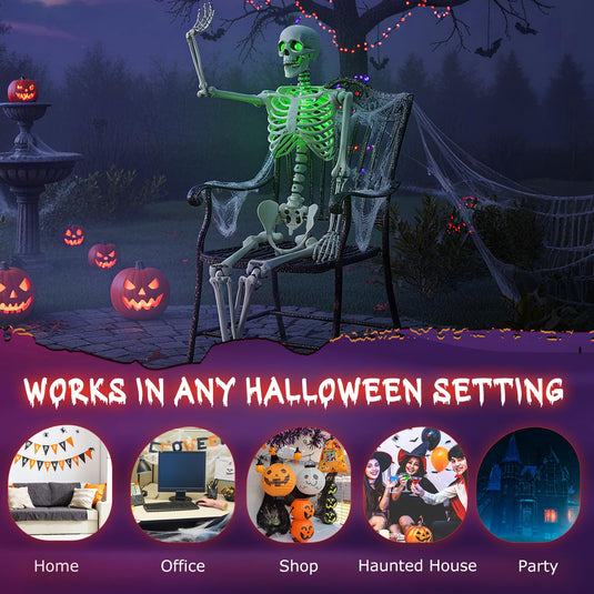 Goplus 63" Life-Size Posable Skeleton with Green LED Lights Halloween Lighted Skeleton Decoration