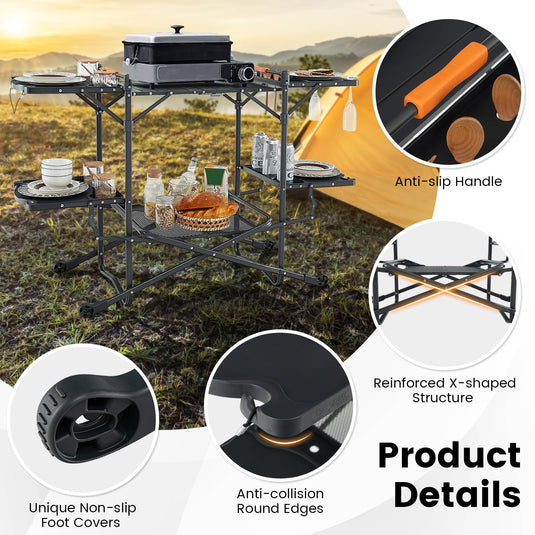 Goplus Camping Cooking Table, Outdoor Grill Table, Folding Camp Kitchen with Aluminum Tabletop