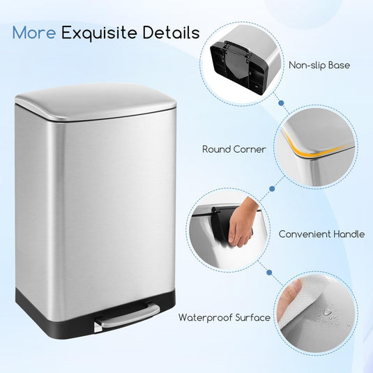 Goplus 13.2 Gallon/ 50 Liter Trash Can, Stainless Steel Garbage Can with Lock Device & Foot Pedal, Stay Open Trash Bin w/Soft Closing Lid