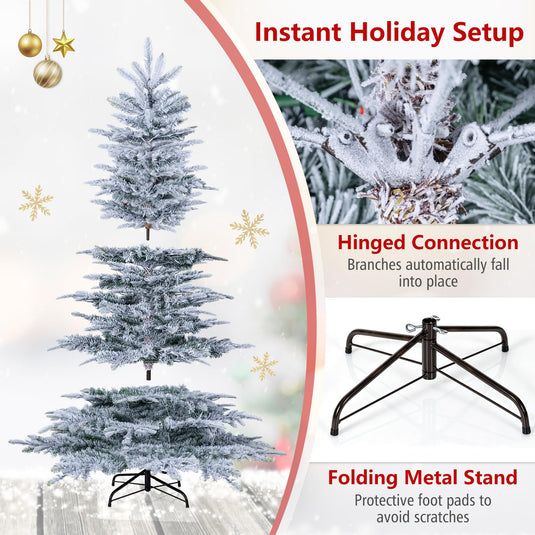 Goplus 6ft/7ft Pre-Lit Snow Flocked Christmas Tree with Warm White LED Lights & Folding Metal Stand