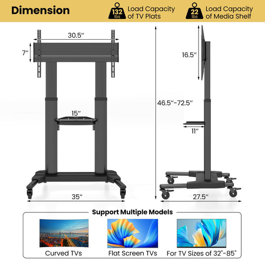 Goplus Rolling TV Stand for 32"-85" Flat Curved LED/LCD/OLED TVs up to 132 LBS, Mobile Floor TV Trolley Max VESA 400 x 700 mm