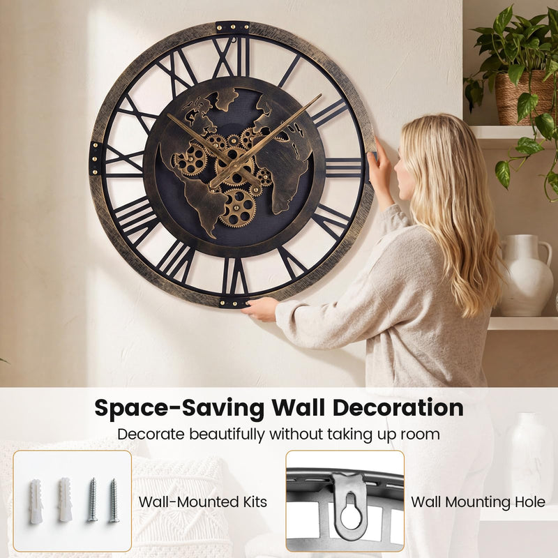 Load image into Gallery viewer, Goplus 27" Gear Clock with World Map | Non-Ticking Decorative Metal Clock with Moving Gears
