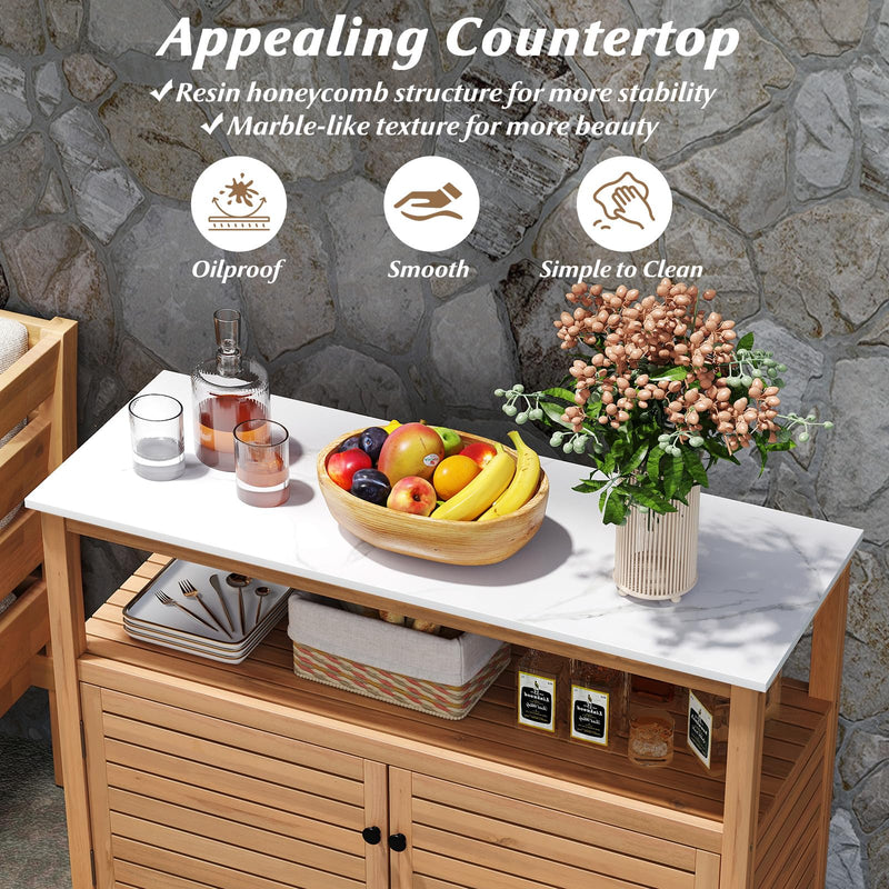 Load image into Gallery viewer, Goplus Outdoor Potting Bench with 2-Door Storage Cabinet &amp; Faux Marble Tabletop
