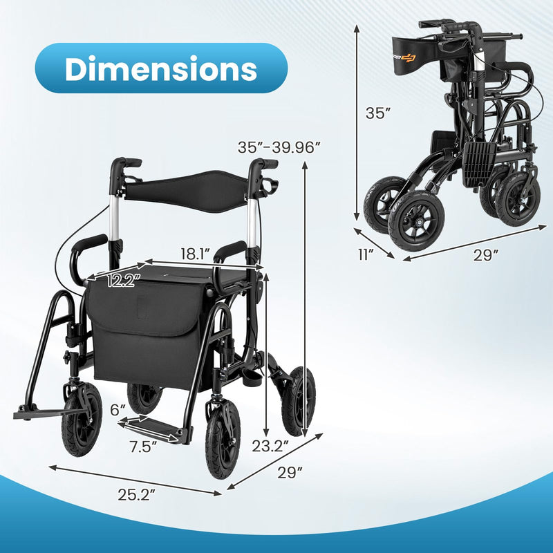 Load image into Gallery viewer, 2 in 1 Folding Rolling Rollator Walker &amp; Wheelchair Combo with Brakes

