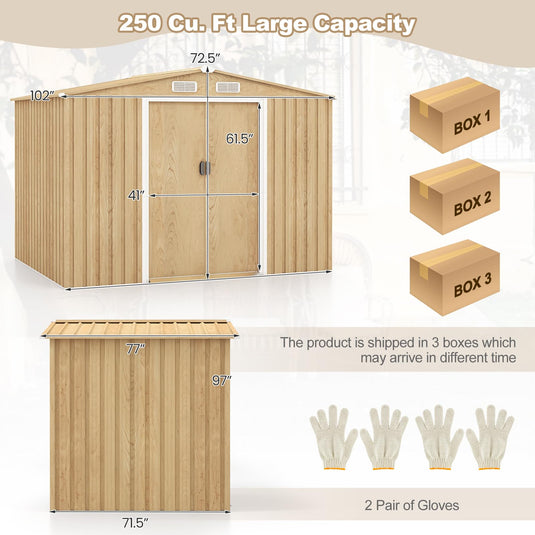 Goplus 8' x 6' Woodgrain Outdoor Storage Shed, Galvanized Metal Tool House Organizer w/Base Floor, 4 Vents