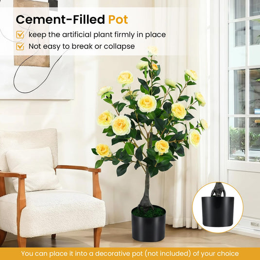 Goplus 35.5" Artificial Camellia Tree Faux Floral Plant Blooming Tree in Cement Pot