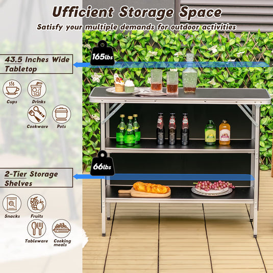 Goplus Folding Camping Table, Aluminum Portable Pop-Up Bar Table with 2-Tier Storage Shelves
