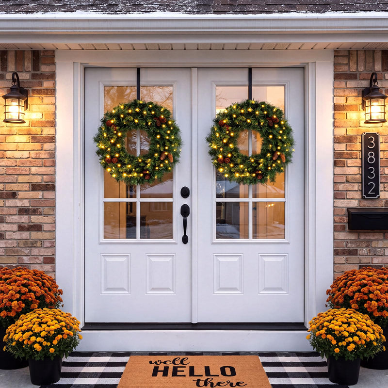 Load image into Gallery viewer, Goplus 24" Christmas Wreath with 10 Pine Cones and 50 Warm White LED Lights

