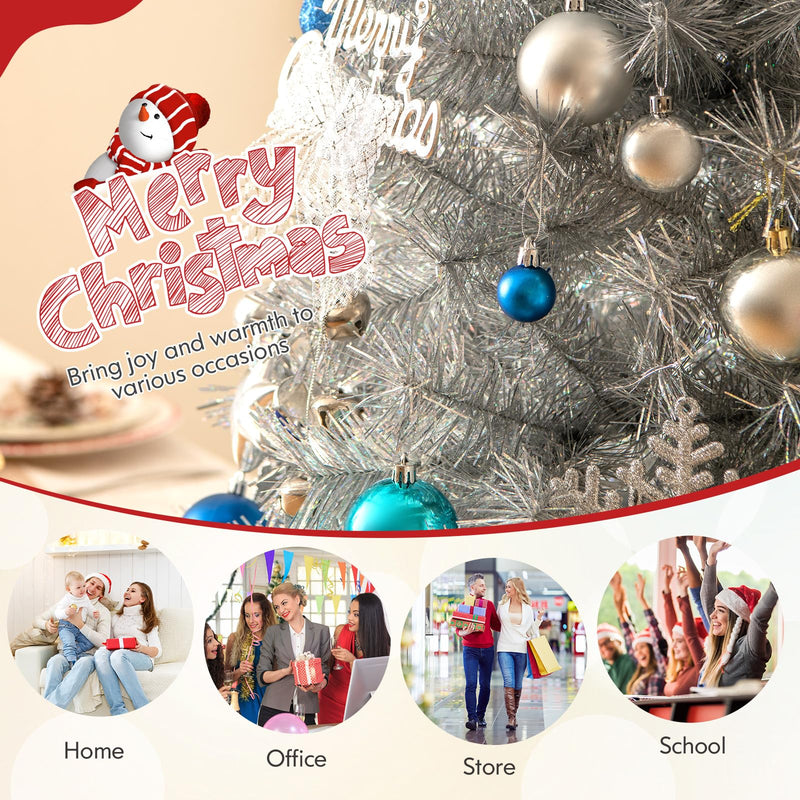 Load image into Gallery viewer, Goplus 5ft / 6ft / 7 ft Pre-Lit Silver Tinsel Christmas Tree with Warm White LED Lights
