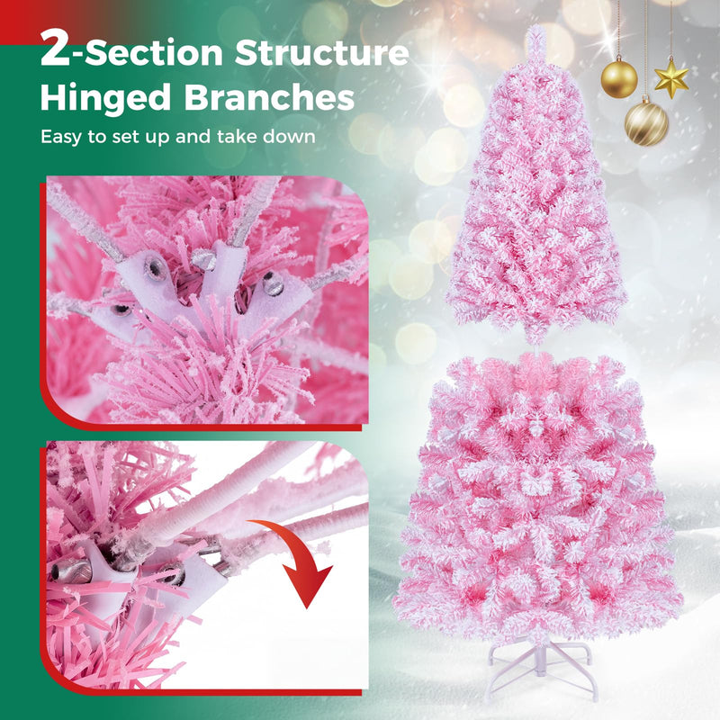 Load image into Gallery viewer, Goplus 5ft/6ft/7ft Pink Pre-Lit Flocked Christmas Trees | Hinged Artificial Xmas Tree
