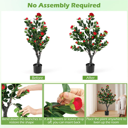 Goplus 39.5 inch Artificial Camellia Tree Set of 2 | Indoor Greenery Floral Plant Potted Decoration Tree