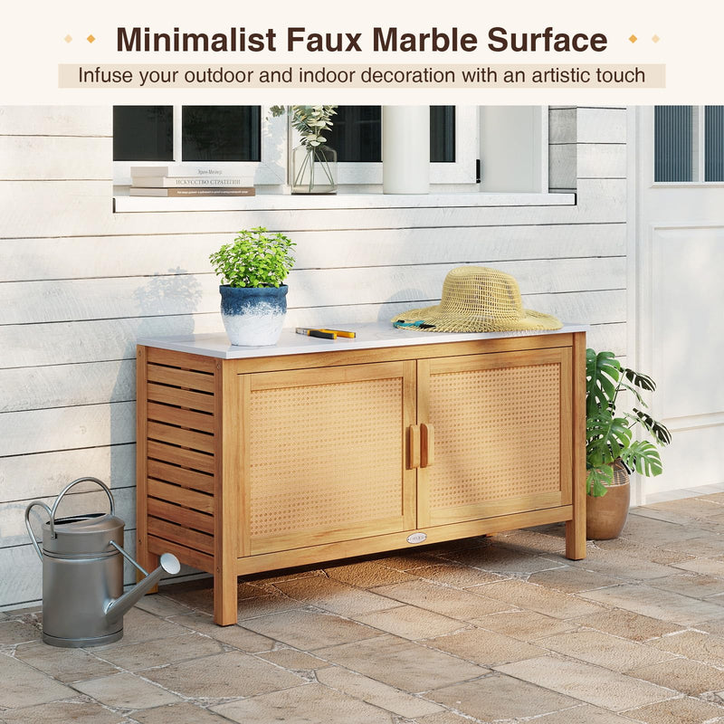 Load image into Gallery viewer, Goplus Outdoor Acacia Wood Storage Cabinet Outside Tool Cabinet with Fax Marble Top
