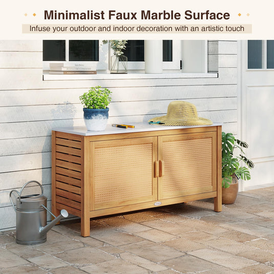 Goplus Outdoor Acacia Wood Storage Cabinet Outside Tool Cabinet with Fax Marble Top