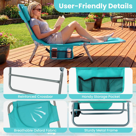 Goplus Tanning Chair Folding Beach Lounge Chair w/5-Position Adjustable Backrest