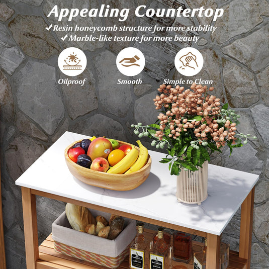 Goplus Outdoor Acacia Wood Buffet Cabinet with Marble-Like Countertop ( 31.5” x 16” x 35.5” )