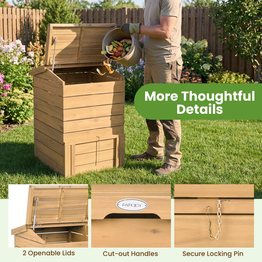 Goplus 48 Gallon Solid Wood Compost Bin w/Lockable Sliding Door and Flip-top Opening