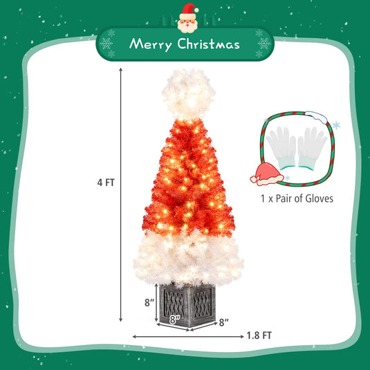 Goplus 4 FT Pre-Lit Christmas Tree for Entrances, Artificial Potted Santa Hat Xmas Tree with 300 Branch Tips