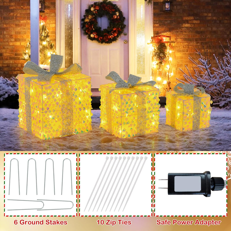 Load image into Gallery viewer, Goplus 3 Pieces Christmas Lighted Gift Boxes ( Laser Fish Scale )
