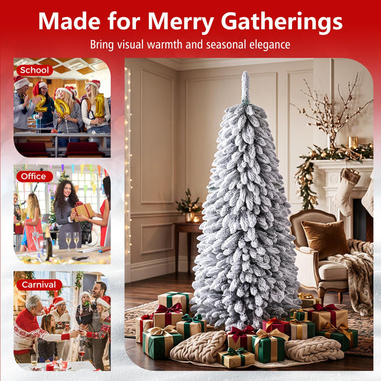 Goplus 6ft/7ft Pop Up Snow Flocked Christmas Tree | Easy Setup for Small Space Porch Corner