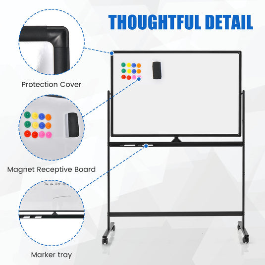 Goplus 48” x 32” Rolling Whiteboard, Height Adjustable Magnetic Dry Erase Board