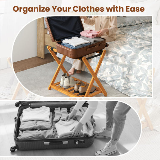 Goplus Luggage Rack Set of 2 or 4 Folding Acacia Wooden Suitcase Stand