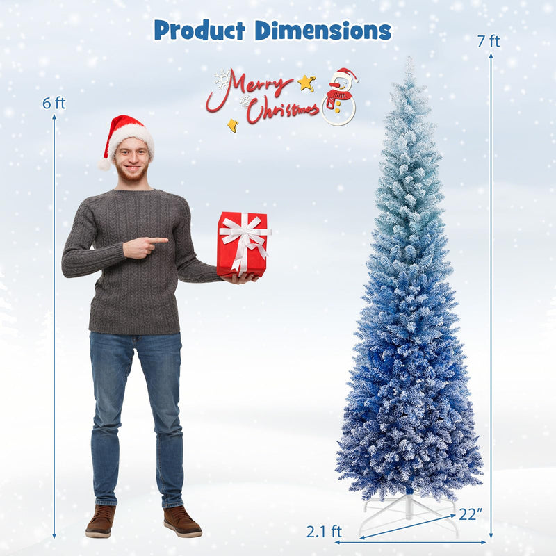 Load image into Gallery viewer, Goplus 6 FT Blue Gradient Snow Flocked Christmas Tree, Artificial Unlit Hinged Xmas Full Tree with 435 Lush Branch Tips
