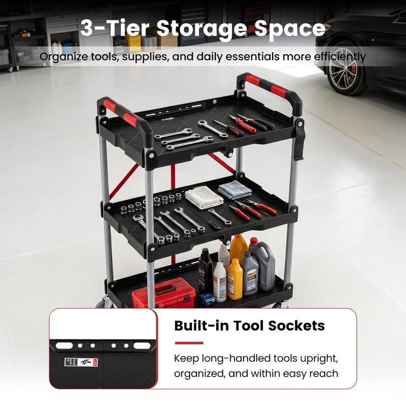 Load image into Gallery viewer, Goplus 3-Tier Folding Utility Cart w/Swivel Wheels | Tool-Free Assembly
